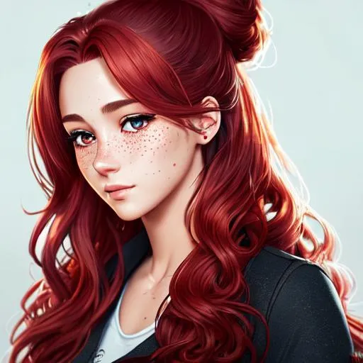 Prompt: extremely realistic, hyperdetailed, long crimson wavy hair in a messy bun anime girl, face full of freckles, mechanics, highly detailed face, highly detailed eyes, highly detailed body, full body, whole body visible, full character visible, soft lighting, high definition, ultra realistic, 2D drawing, 8K, digital art