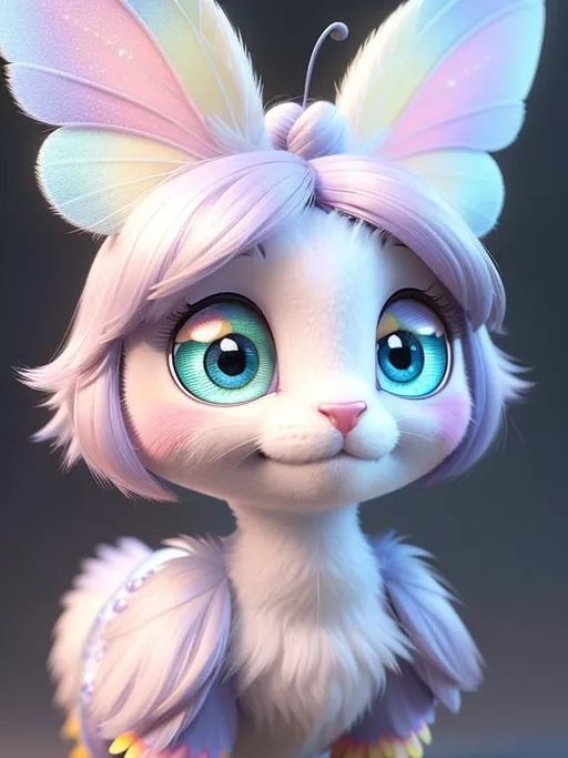 Prompt: Disney Pixar, exquisite new character, cute rainbow butterfly, highly detailed, fluffy, intricate details, beautiful big eyes, maximum cuteness, lovely, adorable, beautiful, flawless, masterpiece, soft dramatic moody lighting, radiant love aura, ultra high quality octane render, hypermaximalist, trending on artstation, Anna Dittmann, Tom Blackwell