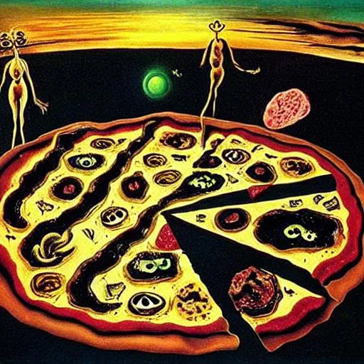 Prompt: Salvador Dali's Painting of the Death by Comet Ping Pong Pizza, 666, child torture, satanic ritual, Jeffrey Epstein, triadic colors backlit
