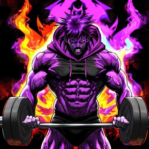 Prompt: handsome man, monster, demon, fire, purple, neon, black, zombie, strong and body, neon green and purple hair, hood, red eyes, deadlift exercise 