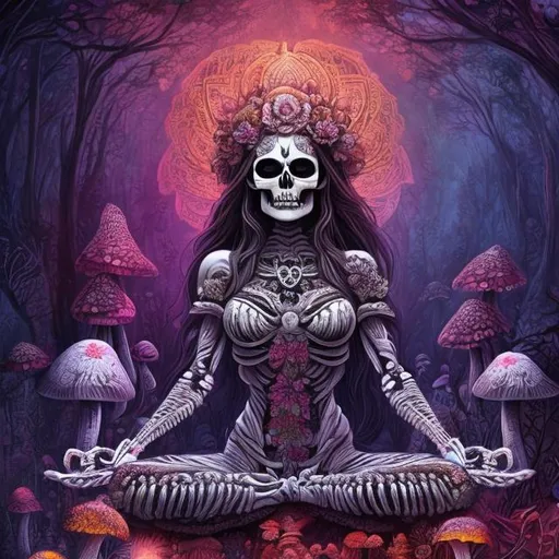 Prompt: A beautiful skeleton goddess with long dark hair and intricate flowers on her head, in a yoga pose, in the middle of a mushroom forest that is illuminated with rich colors 64k 