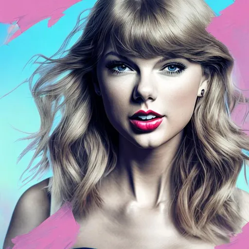 Prompt: generate me a Taylor Swift album cover concept with no words whatsoever on it as a redisign of her album cover for Lover, which features a portrait of taylor in front of a pastel sky, a light aesthetic true to her era of Lover. it must be highly realistic detailed, 4k HD , a detailed face with no words. she Has to have long hair, preferably colored blue or pink