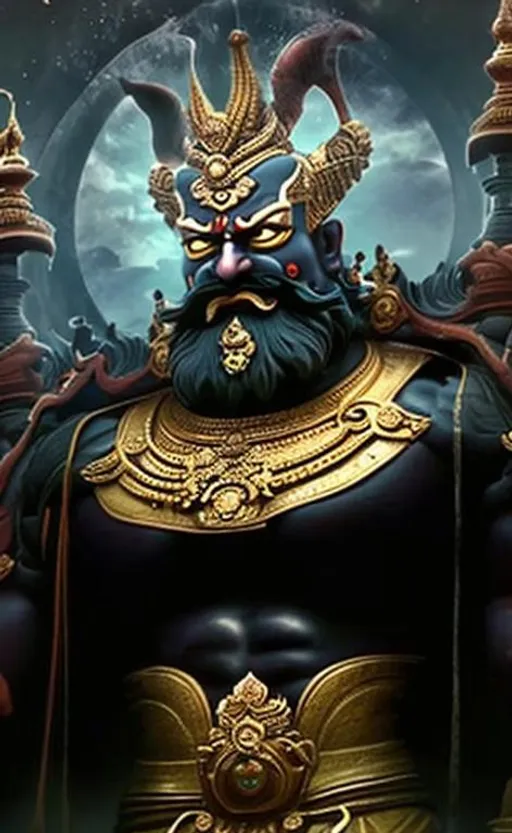 Prompt: Turn this same image into Ravana looks with crown on head 