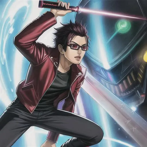 Prompt: semi-realistic anime drawing of Travis Touchdown from No More Heroes, with an enemy alien, fighting with laser swords