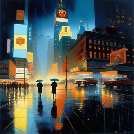 Prompt: 1980s, Times Square at night, creepy, rain, fog, cold blue atmosphere, cartoony style, extremely detailed painting by Greg Rutkowski and by Henry Justice Ford and by Steve Henderson 

