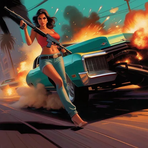 Prompt: GTA cover art, latina woman with guns, explosions, car chase, cartoony, dark teal atmosphere, extremely detailed painting by Greg Rutkowski and by Henry Justice Ford and by Steve Henderson