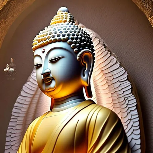 Prompt: a living angelic buddha. Still breathing. His samadhi is ageless. He is ageless. The light shining from his crowned head reveals the ancient worlds, twirling like a staircase. 