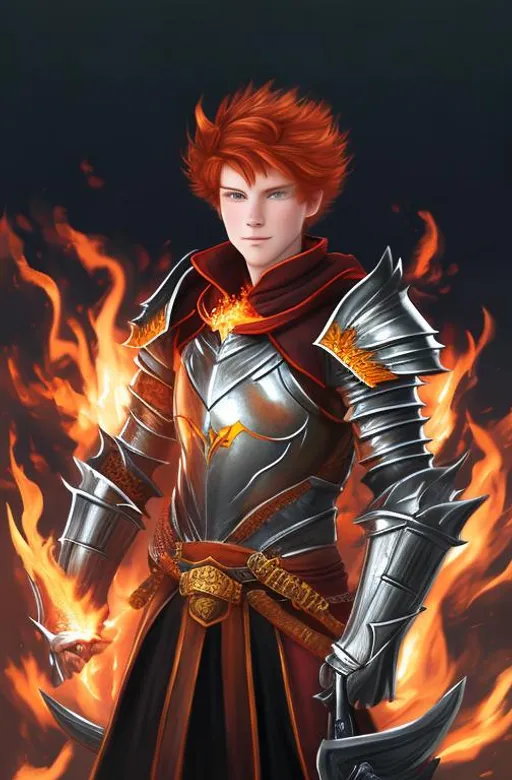 Prompt: portrait of a knight pyromancer with ginger hair. fire, hellish, demon armor, demon armor, fire, fire ball, fireball, jumping, moving, fighting