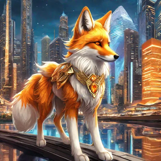 Prompt: (masterpiece, 2D, hyper detailed, epic digital art, professional illustration, fine colored pencil), Adolescent runt ((kitsune)), (canine quadruped), nine-tailed fox, dreamy amber eyes, fuzzy {white-gold} pelt, (golden necklace with brilliant orange gemstone), pointy brown ears, in a large futuristic city, skyscrapers tower above her, misty rain, clear puddles on floor, the city lights up against twilight, possesses ice, timid, curious, cautious, nervous, alert, expressive bashful gaze, slender, scrawny, fluffy gold mane, {frost} on face, dynamic perspective, frost on fur, fur is frosted, sparkling ice crystals in sky, sparkling ice crystals on fur, sparkling rain falling, frost on leaves, dreamy, melodic, highly detailed character, petite body, large ears, full body focus, perfect composition, trending art, 64K, 3D, illustration, professional, studio quality, UHD, HDR, vibrant colors