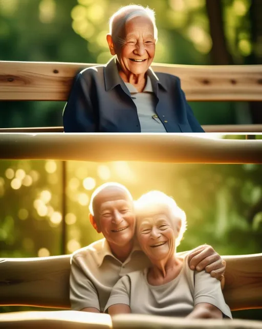 Prompt: A smiling elderly couple sits close together on a wooden bench surrounded by lush green nature. Wrinkled faces, Golden rays of sunshine light their faces. Shot on Fujifilm X-T4 with 56mm lens. Loving, nostalgic, heartwarming. ,(texture map) ,(normal map),(specular map) ,(displacement map)