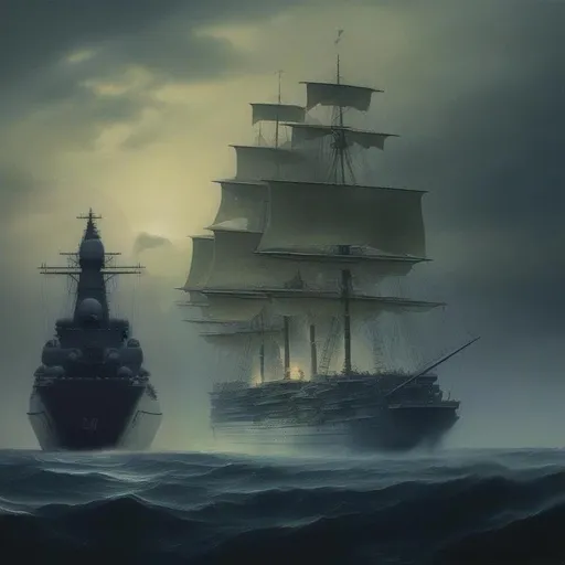 Prompt: the Flying Dutchman with a modern battleship on the horizon 