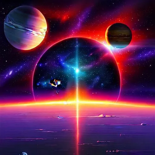 Prompt: Please produce a fantasy space artwork Fantastic planetscape looking down on a tundra. Space ships flying in the sky, a red gas giant planet, and stars in the background on the horizon with vibrant colors and effects. very pretty painting. 