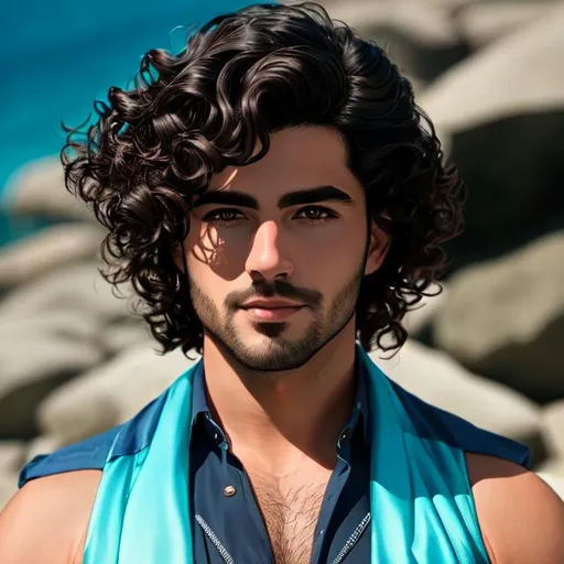 Prompt:  a handsome young merman aged 35 years with dark curls,4k,  facial closeup



