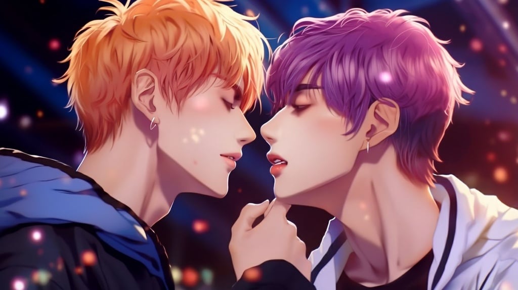 Prompt:  two handsome gay men sharing a stick of pocky between them on either side, one with purple hair and blue eyes, the other with short messy ginger hair falling between eyes, blue eyes, Tartaglia Genshin impact --upbeta --ar 16:9