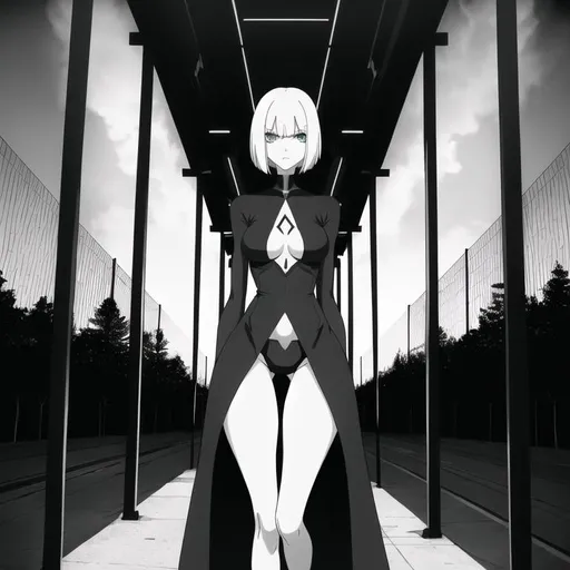 Prompt: a lonely AI girl, very tall, thick thighs, wide hips, long legs, slender arms, slender waist, big beautiful symmetrical eyes, intriguingly beautiful face, aloof expression, bob haircut with bangs, wearing Acid Witch-House neo-GothPop fashion clothes, 12K resolution, hyper quality, hyper-detailed, hyper-realistic, hyper-professional