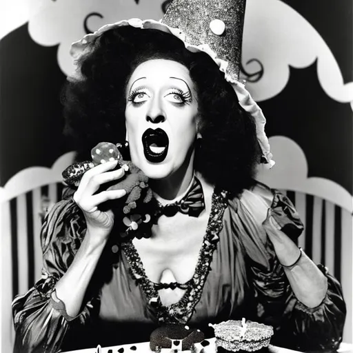 Prompt: Betty Davis as bette middler dressed as a witch eating a gumdrop out of her gingerbread house. 