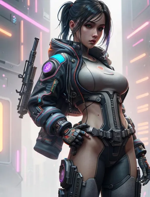 Prompt: cyberpunk girl in cloudy smoked filled bar, mechanical, excited, symmetrical, perfect composition, hyperrealistic, super detailed, 8k, high quality, Splash art, front, epic Instagram, artstation, hyperdetailed intricately detailed, unreal engine, intricate detail, splash screen, complementary colors, concept art, 8k, heavy strokes, splash arts, full height, full body focus