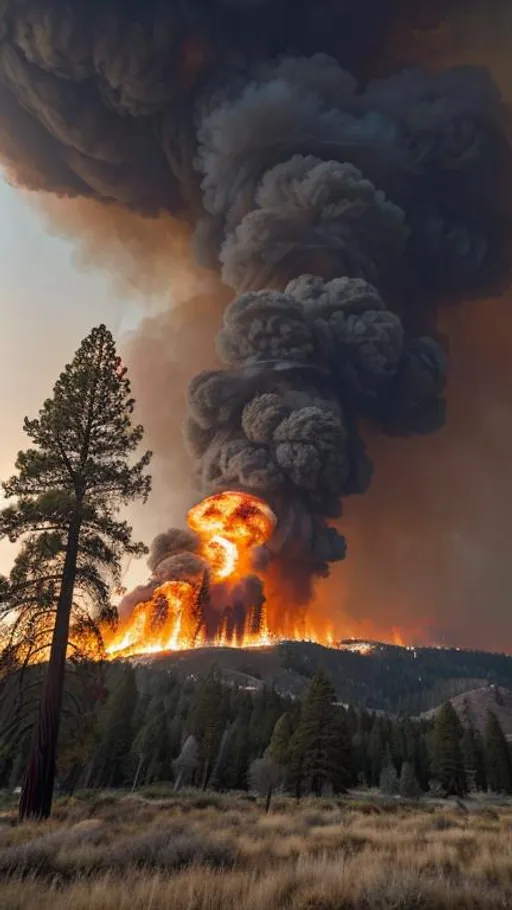 Prompt: Burning Sequoia Trees with a raging wildfire in the background. 4K, Digital photography, detailed foreground, summertime in California, natural lighting, nature photography, darkened sky, Global warming artwork,