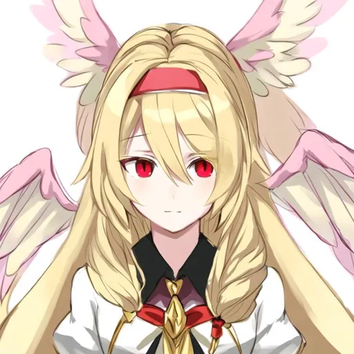 Prompt: Portrait of a cute winged magical girl with long, blonde hair and red eyes wearing a white headband 
