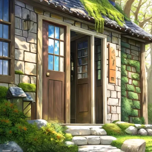 Prompt: extreme close up side view front door, anime style, at noon,

ray tracing, sun streaming, highly warm color,

masterpiece best quality oil painting pencil sketch fantasy very old house, very old stone wall, a lot of moss on the wall, old brown wooden door, a lot of mistletoe on wall, antique wall lamp, 

yellow and orange oil painting, digital painting, precise brush strokes, precise brush outlines, precise pencil strokes, precise pencil outlines,

light yellow and light orange glowing light, light yellow and light orange glowing sunshine, cinematic light, highly detailed light reflection, iridescent light reflection, beautiful shading, impressionist painting, head light,

volumetric lighting maximalist photo illustration 64k, resolution high res intricately detailed complex,

limited pallete, illustration, key visual, hyperdetailed precise lineart, panoramic, cinematic, masterfully crafted, 64k resolution, beautiful, stunning, ultra detailed, expressive, hypermaximalist, colorful, vintage show promotional poster, anime art, brush strokes, digital oil painting,