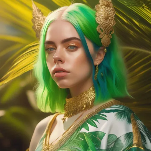 Prompt: fantasy art, digital painting, D&D character portrait of Billie Eilish as a {{goblin with green skin & large ears}}, full body, golden filigree intricate details, panned out, highest quality, beautiful sunny day, tropical shoreline vaporwave background, palm trees, 