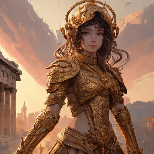 Prompt: "portrait knights of zodiac girl, golden and copper shining armor, karate pose, in ruined agora of athens sunrise, ssci - fi and fantasy, intricate and very very beautiful and elegant, highly detailed, digital painting, artstation, concept art, smooth and sharp focus, illustration, art by tian zi and wlop and alphonse mucha and z - - ed"