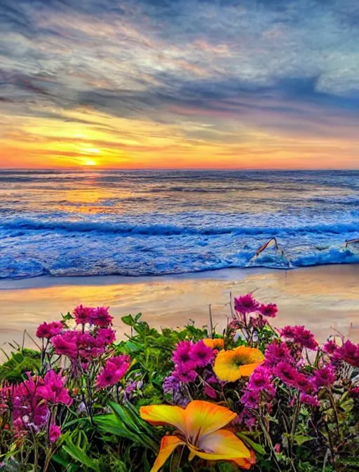 Prompt: Flowers behind beach sunrise