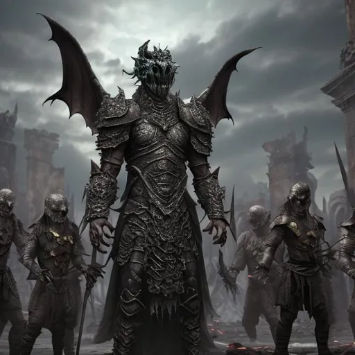 Prompt: Undead God wearing Dragon scale armor stands before a crowd of Humans that are scarred. Destroyed ancient city background.