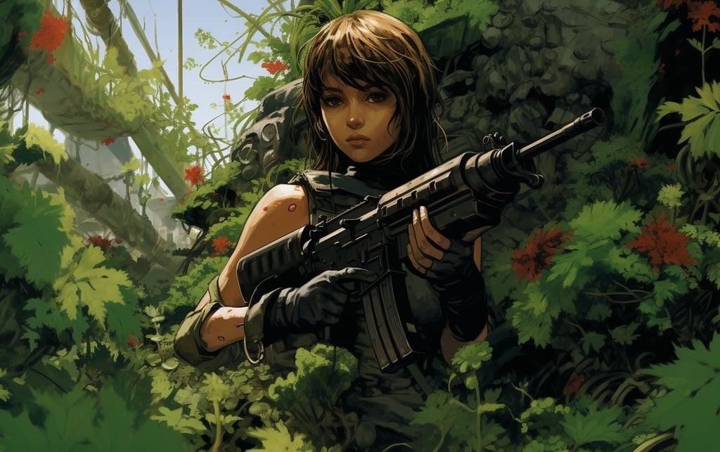 Prompt: manga girl holding a gun and plants, in the style of piles/stacks, green and brown, 32k uhd, tsutomu nihei, dinocore, gen paul, thomas cole