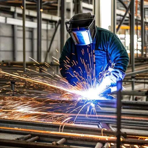 Prompt: Welding Worker welding structural steel, sparks flying