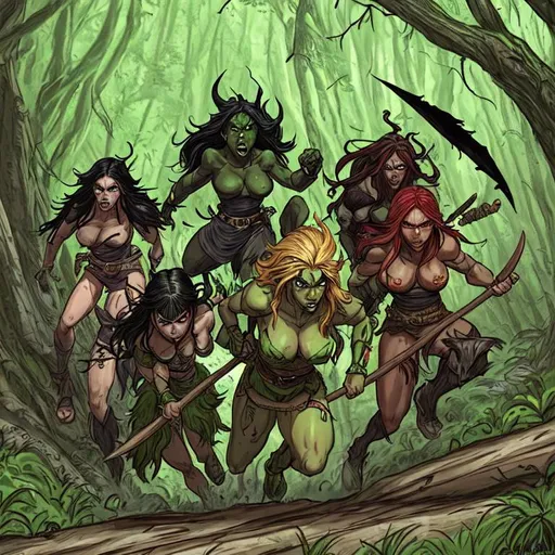 Prompt: There are three  tall and muscular women and all of them have dark green skin, pointed ears and sliver hair.  Their eyes are yellow. They are wearing animal skins, carrying bone weapons, running forwards. Their faces are angry. The background is a forest in day. Heroic fantasy art. Action shot. Comic book style