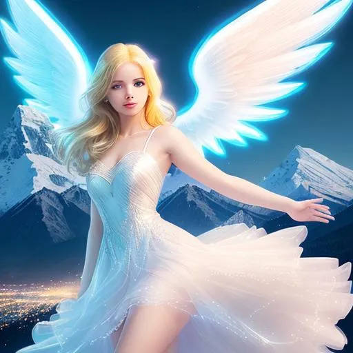 Prompt: Beautiful blonde woman, angel, white wings, sparkling dress, mountain background, Neon light effect