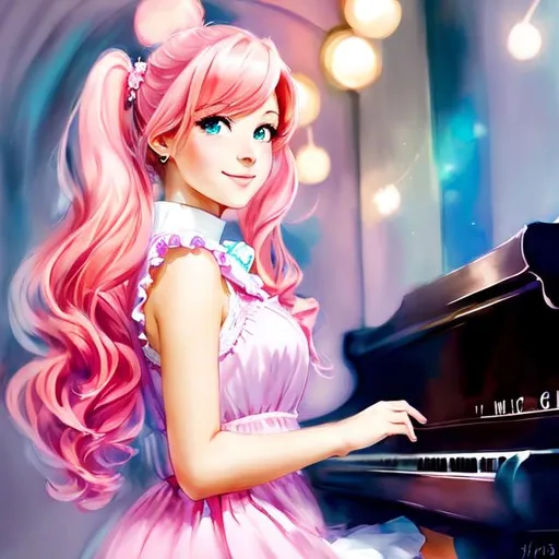 Prompt: A anime like drawing of a woman with pink hair and a kind smile. She plays the piano.  As magic swirls around her. Hair up in two pigtails.