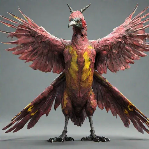 Prompt: A Kaiju sized radioactive bird (Godaa),  It has 1 head, with 5 horns, (RGB) 165, 16, 54. height is 244 meters, length is 941 meters, width is 69 meters, HD, Hyper Realism, High Detail, Fully Rendered, 8K, 