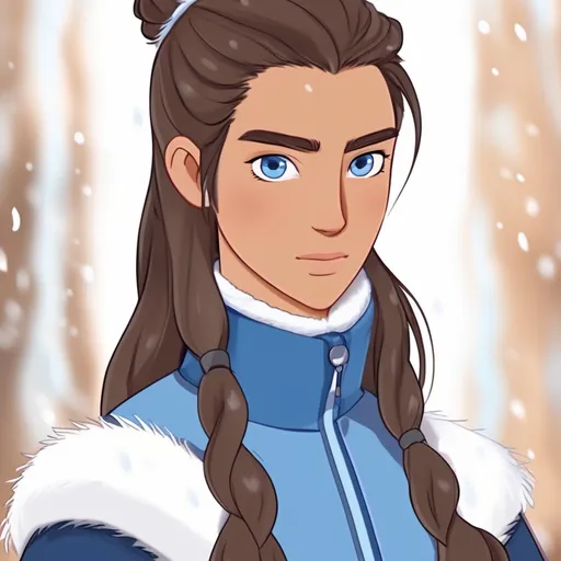 Prompt: Avatar: The Last Airbender oc. Water bender. Warm clothing, two ponytails at the front of his hair. Trans man who is slightly feminine. Brown skin. Inuk, blue jacket. Long eyelashes. Blue eyes