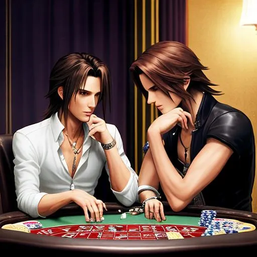 Prompt: Squall from Final Fantasy playing poker with another version of himself