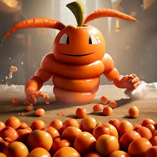 Prompt: Insanely Humanoid Buff Carrot, Wiping Out Stupid Dumb Looking Apples, Realistic FutureVsion, Omnitech, Progress, Rocky C. Harden, Cereal Advertisment