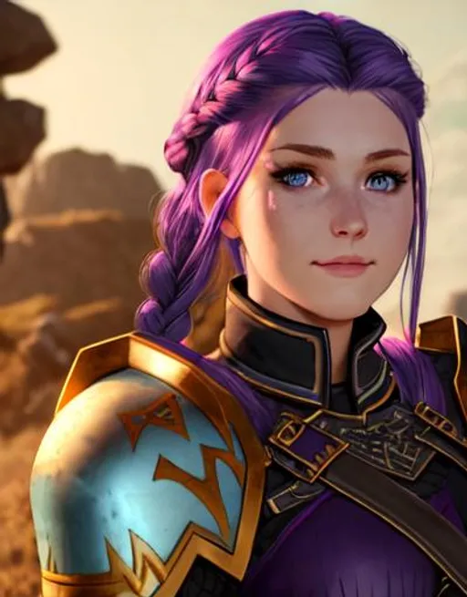 Prompt: Watercolor, 20-year-old woman viking, light blue eyes, subtle smile, dark purple hair, one braid, black gear, gold armor, unreal engine 8k octane, 3d lighting, full body, full armor