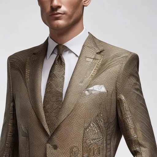 Prompt: men's suit filled with pharaonic inscriptions mixed with a modern cut with Italian elegance