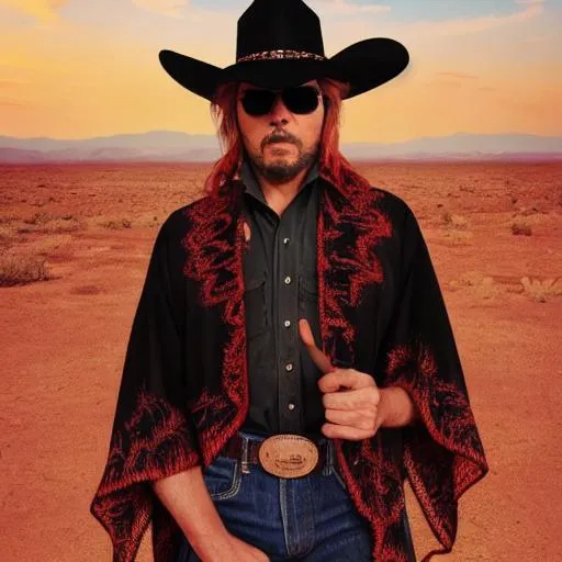 Prompt: Cyber Cowboy with 4 Arms, fiery red Poncho, Dressed in black duster and Stetson Cowboy Hat, with Red Sunglasses, Haunting Presence, Photorealism, Hyperrealism, Intricately Detailed, Hyperdetailed, Desert Wild West Landscape, Dusty Midnight Lighting, Filmic, Movie Quality, 8K Resolution, Wild West Feel