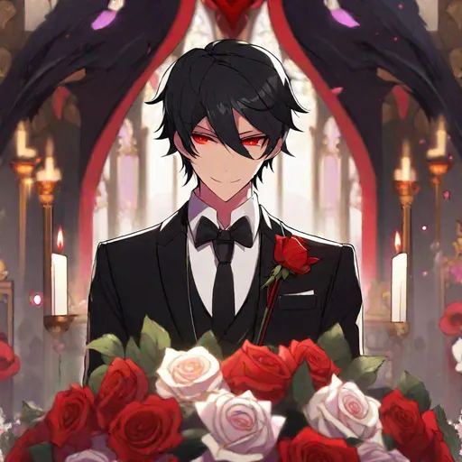 Prompt: Damien  (male, short black hair, red eyes) demon form, wearing a tuxedo, standing at the altar, grinning seductively, holding out a rose, wearing a crown
