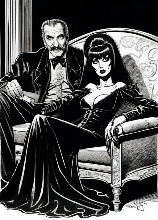 Prompt: (Elvira Mistress of the Dark lying on her side on a Chaise Lounge with Vincent Price with a pencil thin mustache), Black and White pen and ink sketch style, dark color scheme, elegantly gothic attire, intricate details, dim lighting, dramatic shadows, opulent background, luxurious textures, ornate furniture, deep reds and blacks, baroque patterns, solemn atmosphere, rich color tones, dark romanticism, ultra-detailed, 4K, photorealistic masterpiece, timeless elegance.