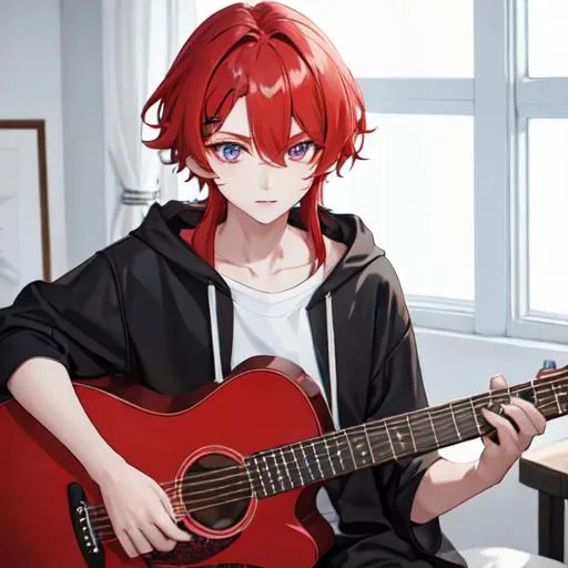 Prompt: Zerif 1boy (Red side-swept hair covering his right eye) as a child learning how to playing a guitar UHD, 8K, highly detailed,