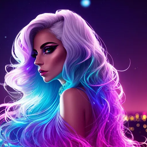 Prompt: 3/4 view of Lady Gaga, (messy long flowing
 hair), ((nighttime city background)), ethereal, luminous, fireflies, glowing, dark contrast, celestial, trails of light, sparkles, 3D lighting, soft light, (bokeh), vaporwave