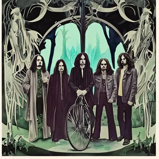 Prompt: Watercolor painting of Black Sabbath circa 1970 standing in the woods in the style of an art nouveau era bicycle poster