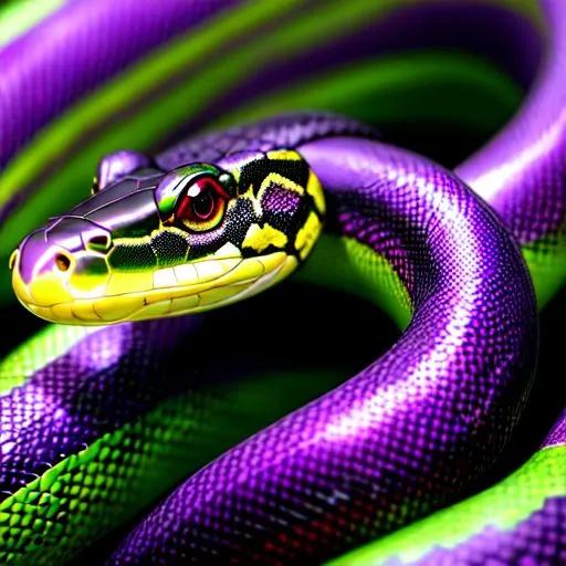 Prompt: a face shot of a 1-foot snake with black and green markings and red eyes purple aura, very glossy and shiny, reflective, perfect composition, hyperrealistic, super detailed, 8k, high quality, trending art, trending on artstation, sharp focus, studio photo, intricate details, highly detailed, Trending on Artstation, Cozy wallpaper, Pastel colors, soft lighting