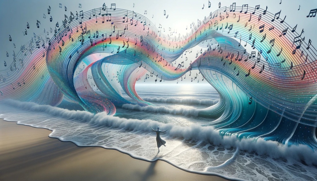 Prompt: 3D render of a beach scene where the waves are formed from flowing musical staves and notes, each wave transparent and radiating with colors. On the shore, a figure dances, their silhouette echoing with digital patterns of both color and melody.