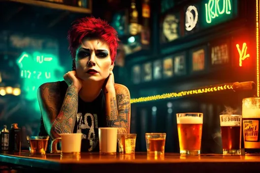 Prompt: medium-long shot, photo Portrait of a punk woman, exhausted, smoking, in a bar, light rays through smoke, neon sign, ashtray, pint glass,  realistic