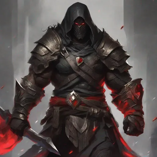 Prompt: Tall, Intimidating, Large, male, Skaar/goliath DnD build, black hair,  very dark grey scarred skin, covered in bandages, dark tattered cloth armor exposes his midriff, hood with mask of magical darkness that covers entire face completely, large red gem between pecs in chest, Path of the Zealot Barbarian, Strong, use large two-handed great-axe