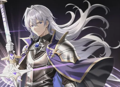 Prompt: Dark purple and blue and white armored Male Knight with white hair, victoriuos pose, holding a bloody sword in his right hand, 8k, hyperdetailed, best quality, Arena, Right hand on sky